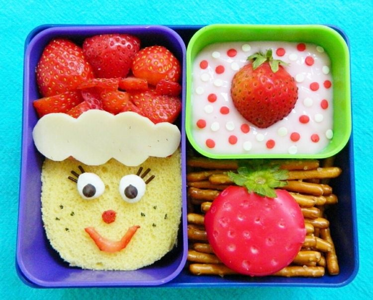 Coole Lunchbox Ideen für Kinder Mädchen Fee Joghurt Früchte Brötchen Gesichter