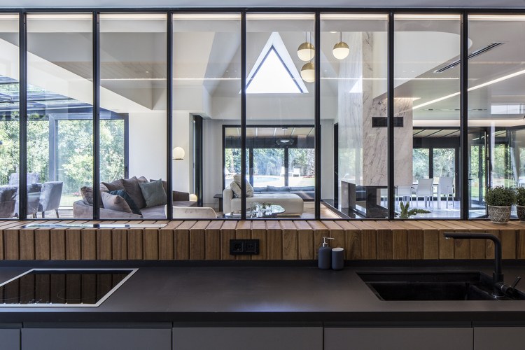 Einfamilienhaus mit Stahlskelettbau Glaswand Küche Holz Fensterbank
