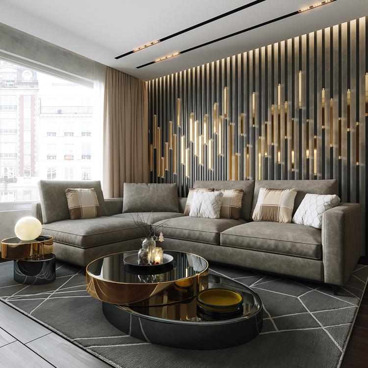 Holzpaneele Wand Metall beleuchtet Wohnzimmer modern einrichten