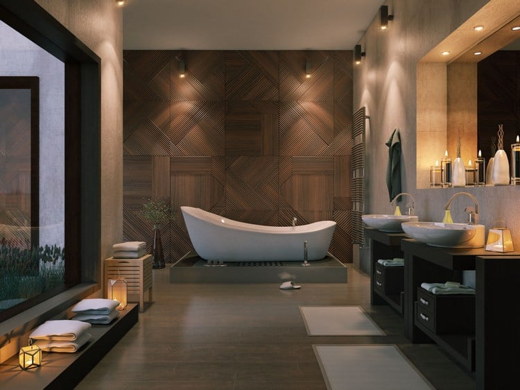 Holzpaneele an der Wand 3D Badezimmer Badewanne Wellness modern Sandsteinfliesen