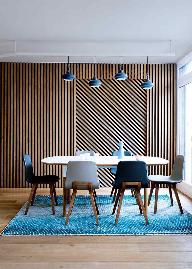 Holzpaneele an der Wand 3D Wandpaneele skandinavischer Wohnstil blau eichenholz
