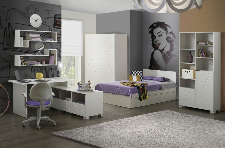 Jugendzimmer weiß lila und grau und mit Merilyn für moderne Mädchen
