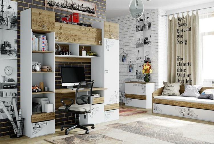 Jugendzimmer weiß und mit Möbeln mit modernen Prints