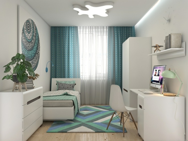 Jugendzimmer weiß und türkis einrichten mit Vorhängen und Teppich