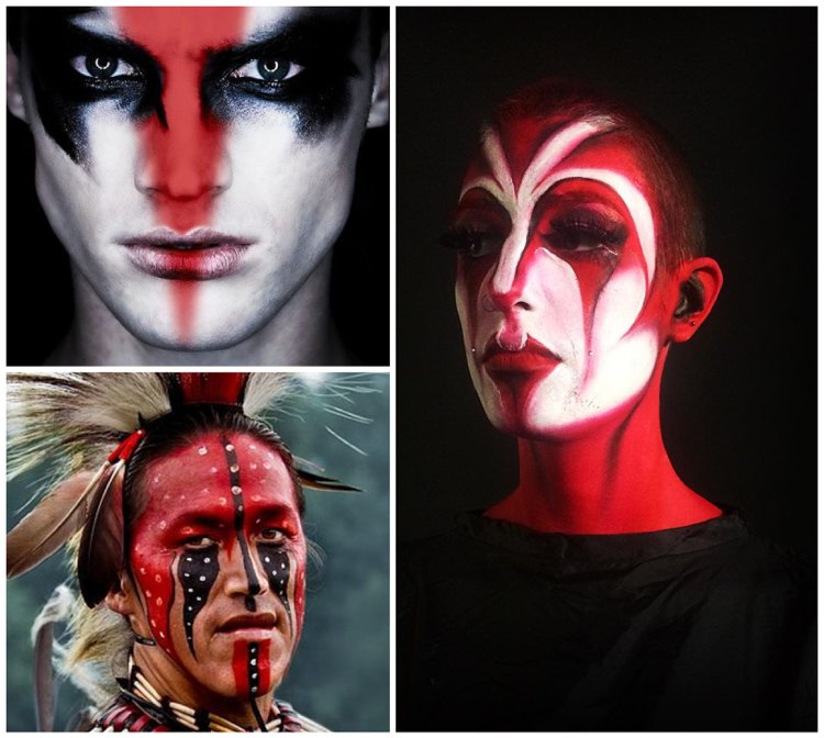 Karneval schminken in Rot-Weiß für Männer mit künstlichen Wimpern und Indianer-Motiven