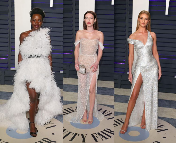 Oscars 2019 komplett weiße Abendkleider bodenlang Seitenschlitz besten Party Outfits Model Rosie Huntington Whiteley Emma Roberts