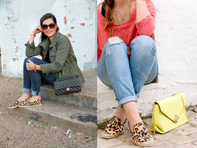 Outfits mit Leopardenmuster Espadrilles Jeans Frühling Neongelb Tasche Koralle Bluse