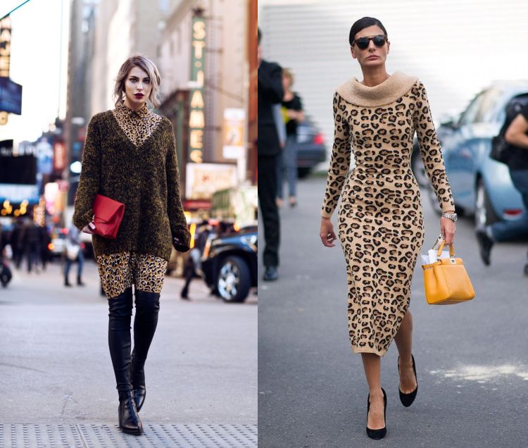 Outfits mit Leopardenmuster Kleid Lederhose Pullover oder Pumps