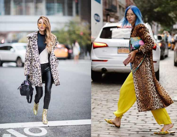 Outfits mit Leopardenmuster Mantel gelbe Hose gold Stiegel