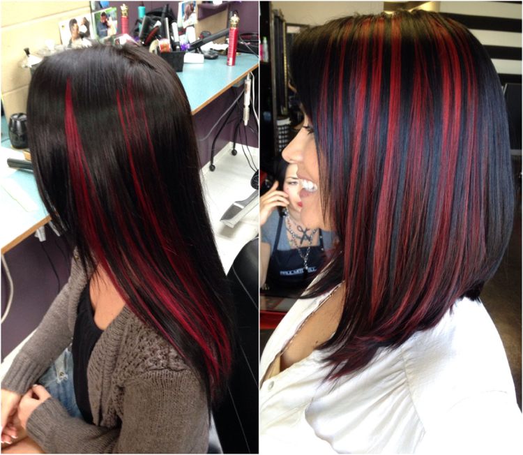 Schwarze Haare mit intensiv roten Strähnchen rubinrot starker Farbkontrast