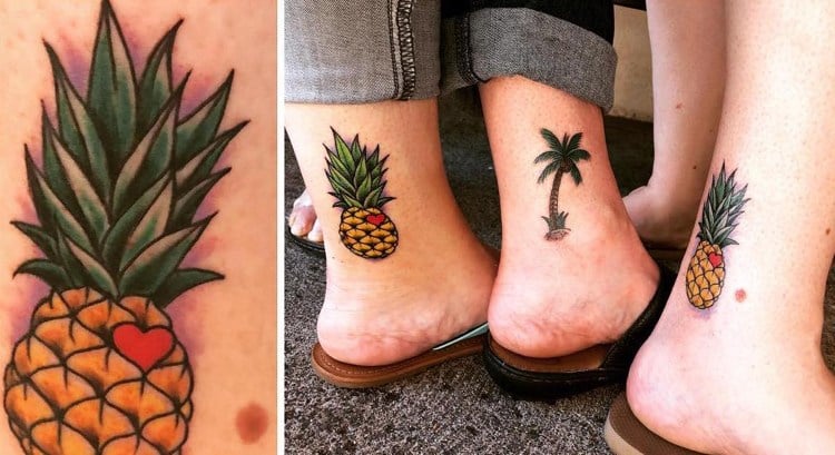 Tattoo Mutter und Töchter am Fuß Palme und Ananas
