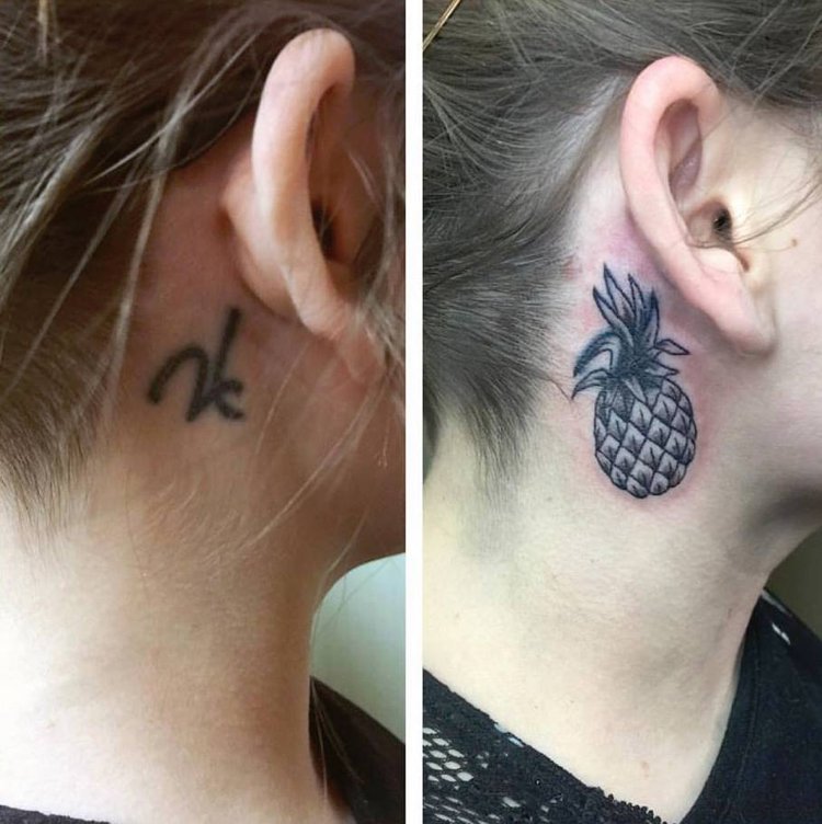 Tattoo hinter dem Ohr Frau Cover up Ananas