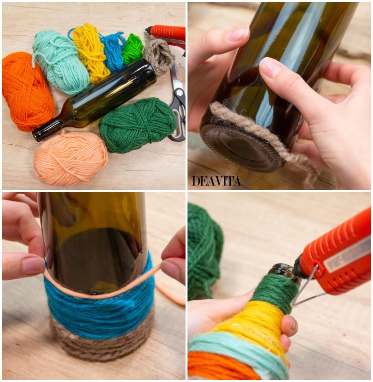 Vase basteln Weinflasche Wolle umwickeln Anleitung