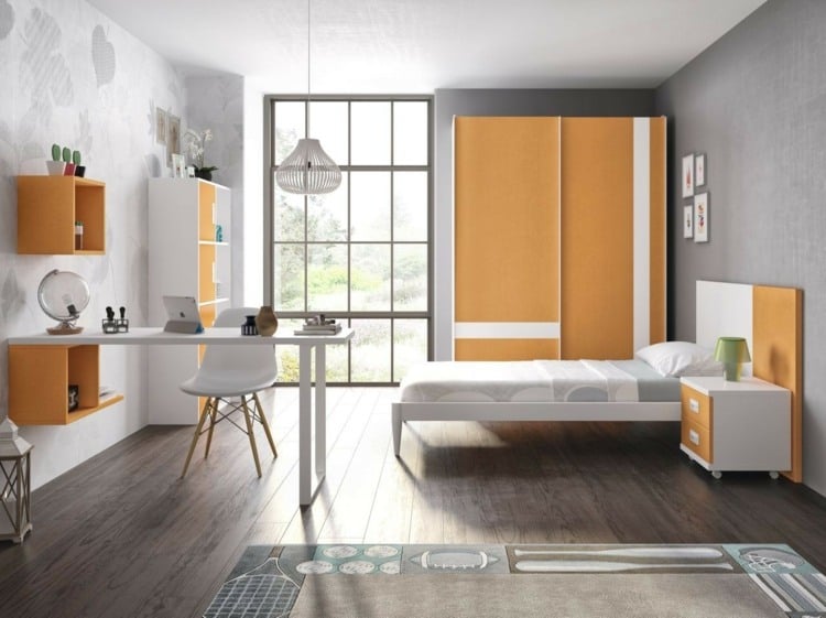 Weiß Grau und Gelb für ein trendiges Jugendzimmer mit Schreibtisch als Raumteiler