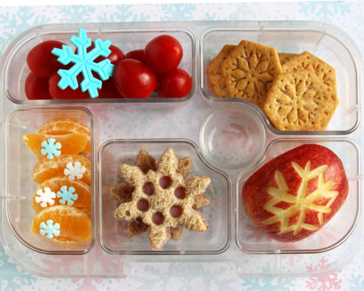 coole lunchbox ideen kinder schneeflöckchen ausschneiden kekse apfel