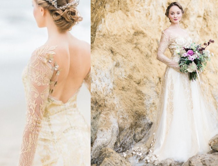goldenes Brautkleid rückenfrei Ärmel Spitze Sommer Hochzeit