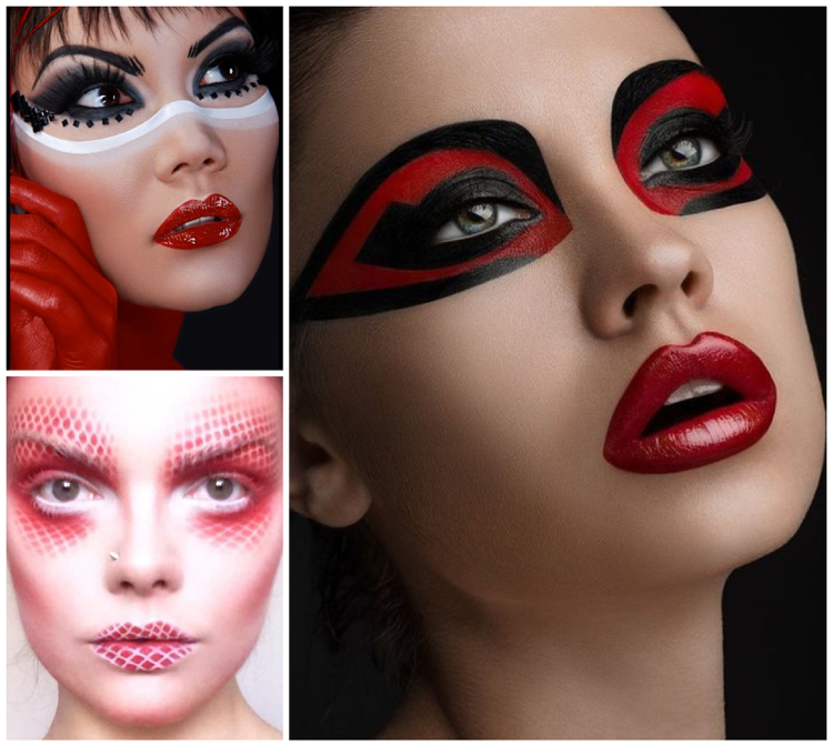 originelles Augen-Make-up mit Schwarz, Rot und Weiß