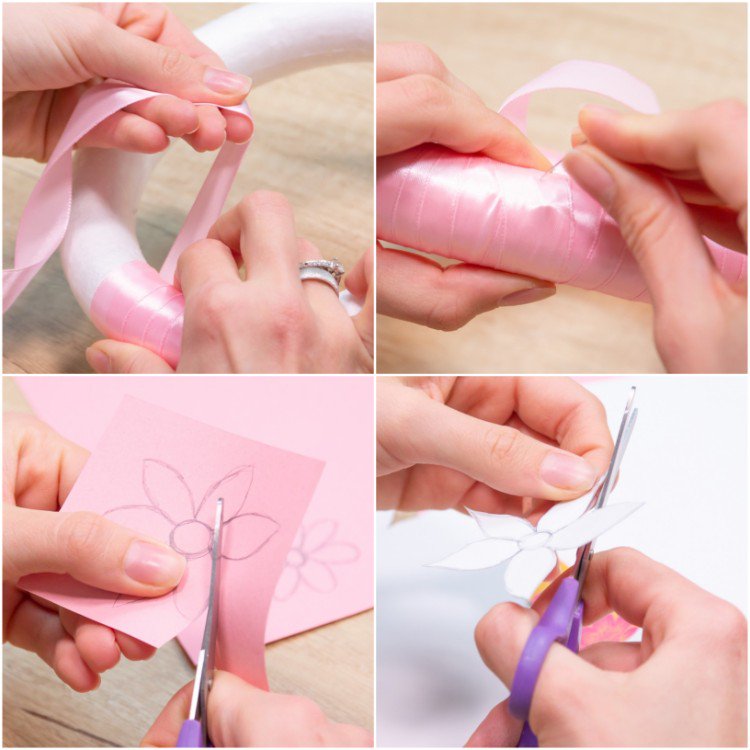 polystyrol ring mit schleife band umwickeln rosafarbene und weiße papierblume zeichnen und auschneiden