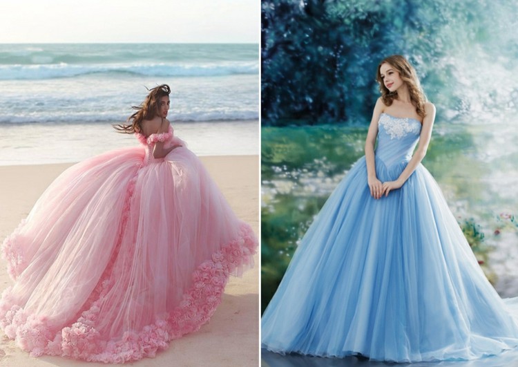 wunderschöne Brautkleider in Rosa und Hellblau erinnern an Prinzessinnen