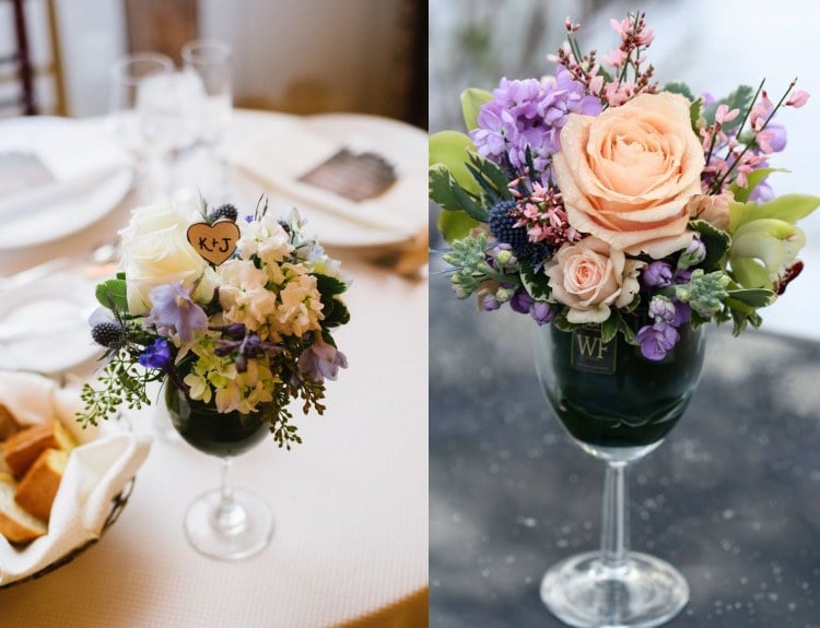 Blumendeko im Weinglas Hochzeit Vintage Rosen arrangieren