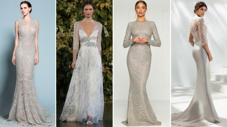 Der Klassiker Spitze für das Brautkleid in Silber eignet sich für verschiedene Stile