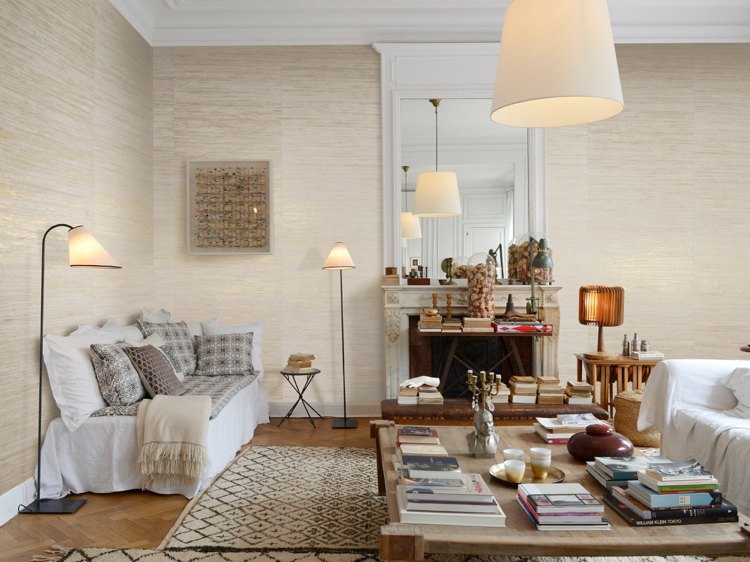 Farben Tapeten Wohnzimmer beige weiß hell Landhausstil omexco