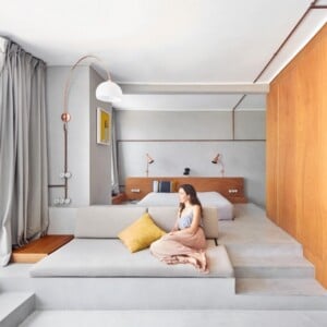 Mikrozement Boden und Wand im Schlafzimmer minimalistische Einrichtung