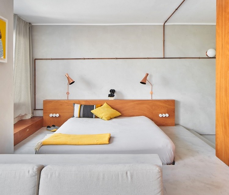 Mikrozement Kupfer Schlafzimmer Bett Mikrowohnung minimalistische Einrichtung
