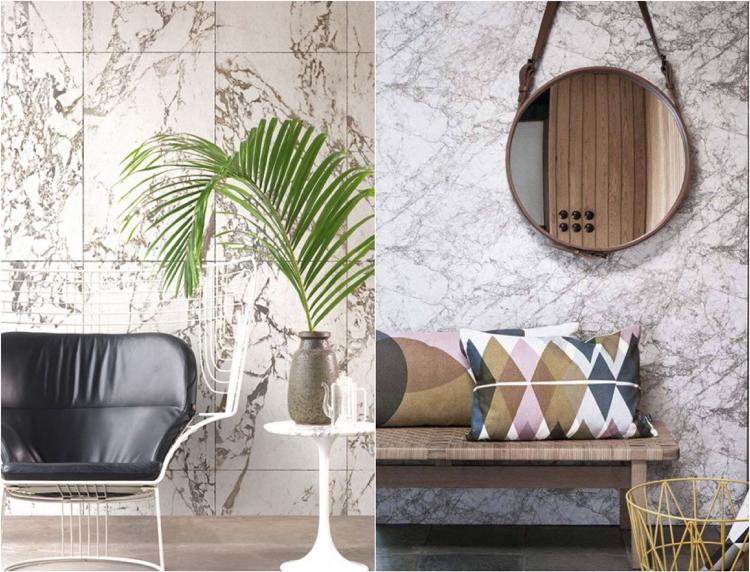 Moderne Tapeten in Stein-Optik stylish Ideen fürs Wohnzimmer Marmor-Look weiß schwarz