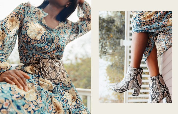 Schlangenmuster Schuhe Stiefeletten florales Kleid der neue Trend Damen
