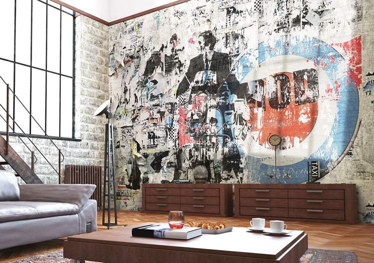 Tapeten für Wohnzimmer ausgefallen Straßenkunst blau rot Altlook Industrial Chic Glamora