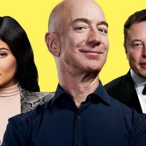 elon musk kylie jenner und jeff bezos in einer kollage mit gelbem hintergrund