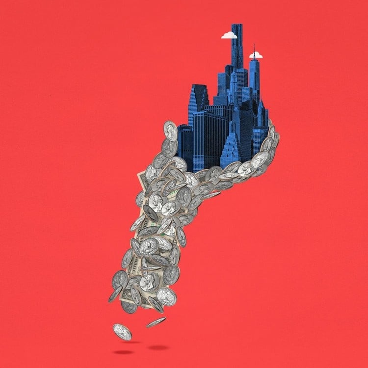 kapitalismus dargestellt als eine amerikanische stadt mit wolkenkratzern in einer hand aus geld