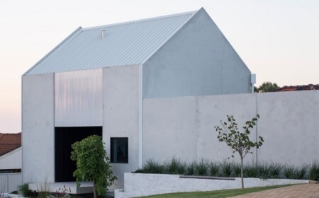 minimalistisch gestalterer garten mit rasen und bäumen vor haus mit betönwänden und schrägdach