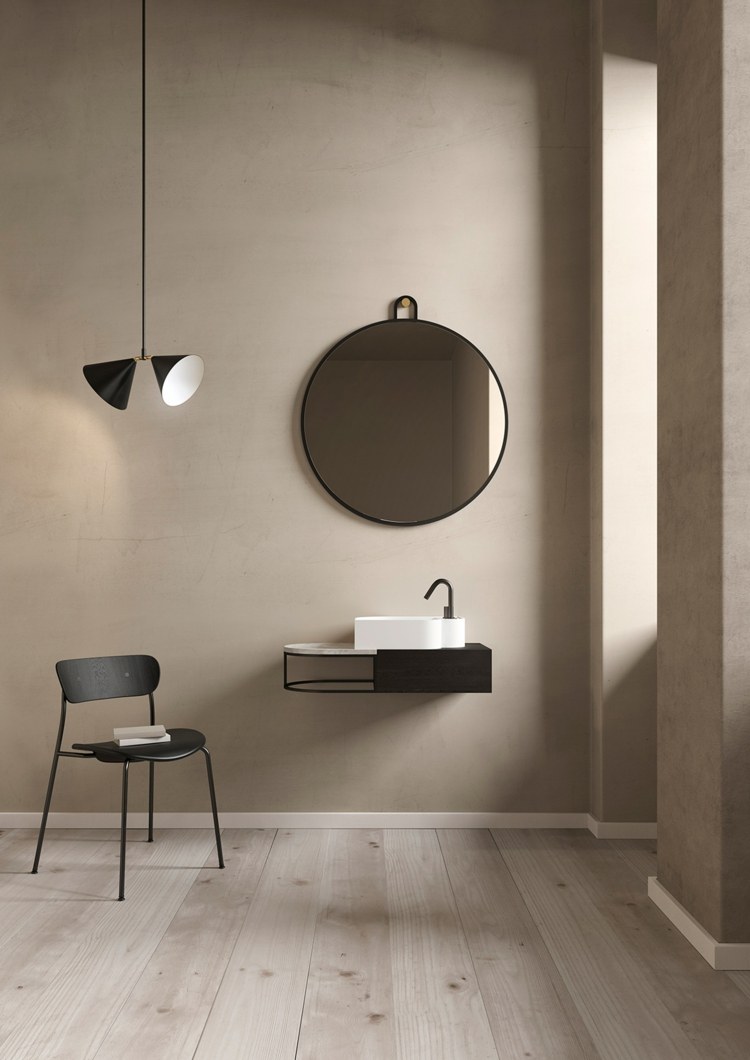 modernes Möbelset aus Schrank, Waschbecken und Spiegel mit geometrischen Formen