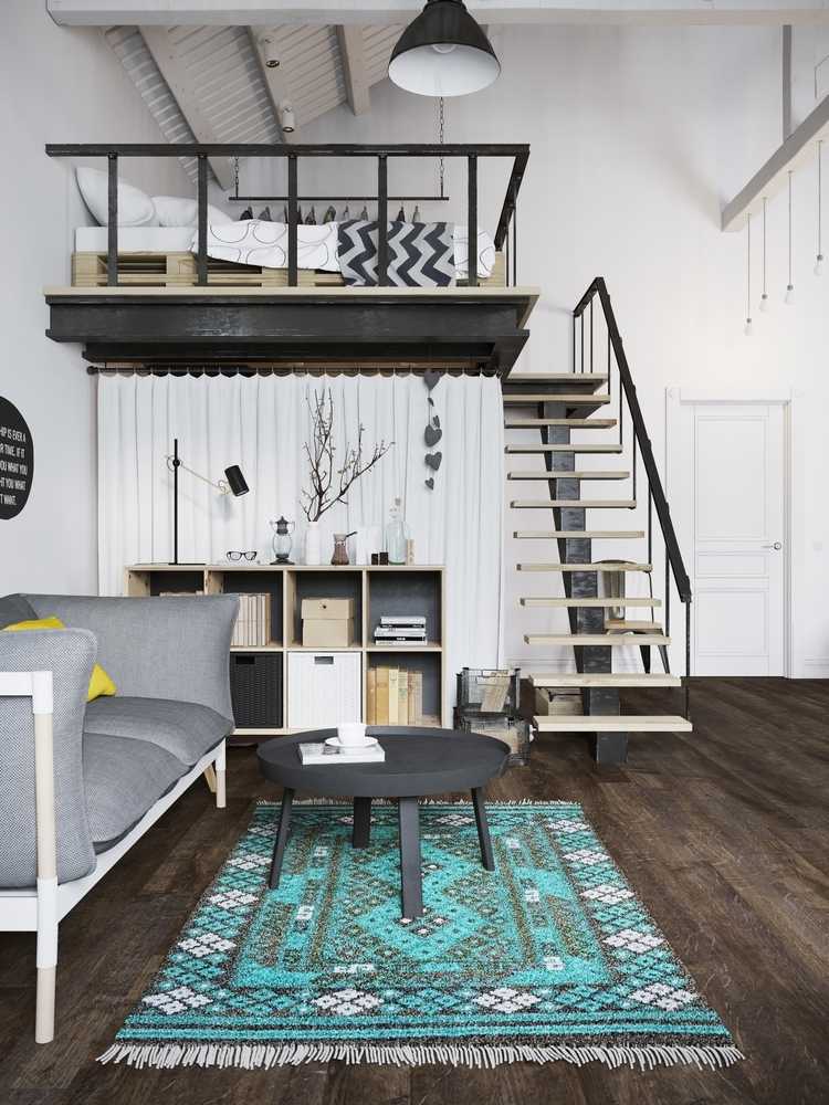 palettenbett als hochbett installieren mit treppen im wohnraum mit couch und teppich