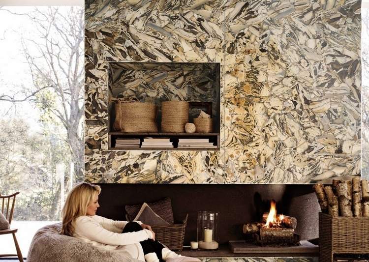 stein wandverleidung mit marmor für interessante muster in der innengestaltung vom wohnzimmer mit kamin
