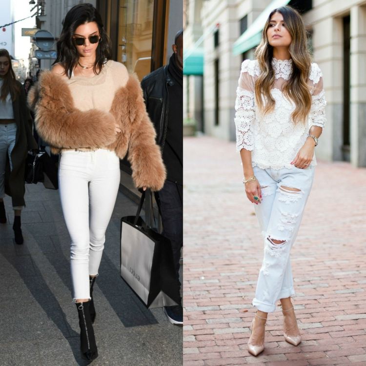 weiße jeans im herbst tragen high heels und mantel