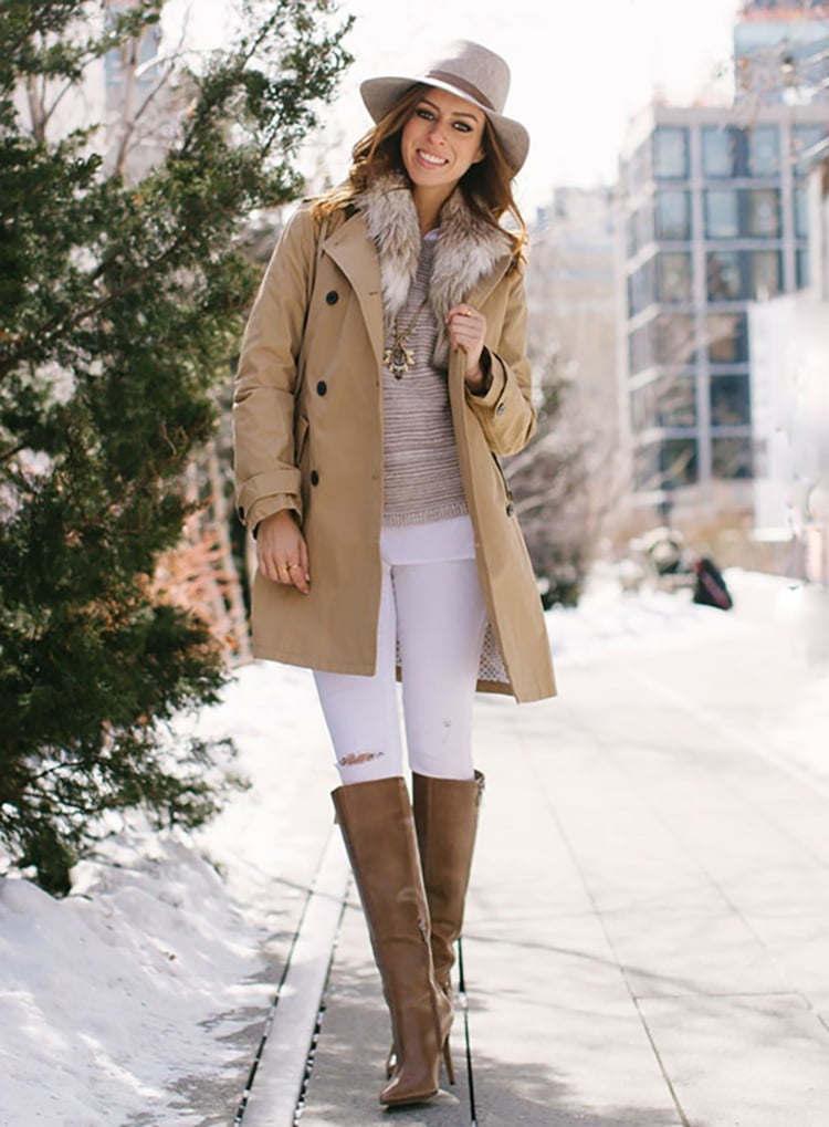 weiße jeans im winter tragen braune stiefel und mantel