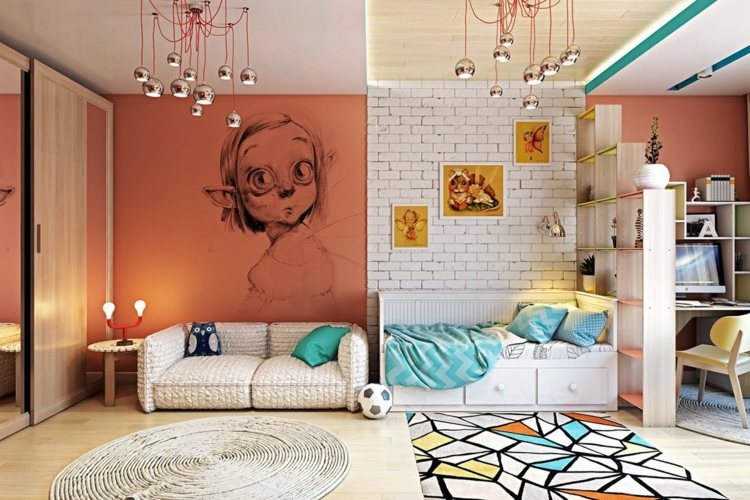 Einrichtung mit verschiedenen Bereichen im Kinderzimmer - Ein abstrakter Teppich als Deko
