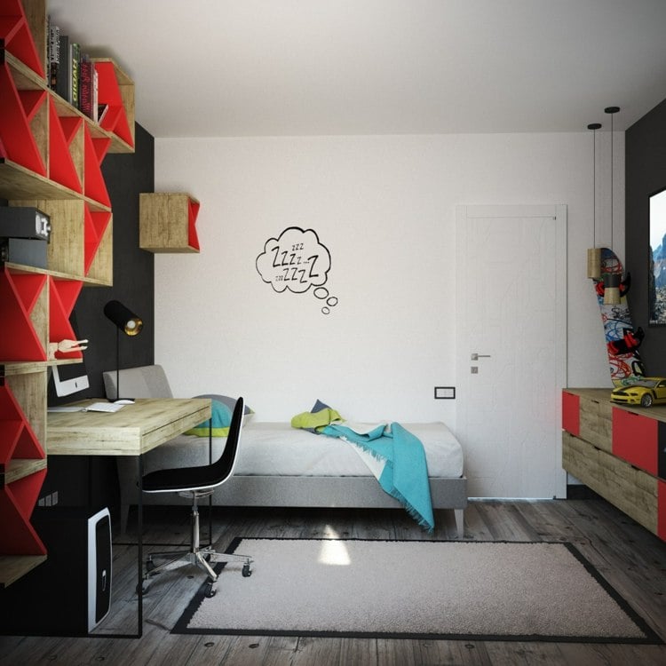 Einzigartiges, abstraktes Regal in Rot und Holzfarbe für ein Jugendzimmer