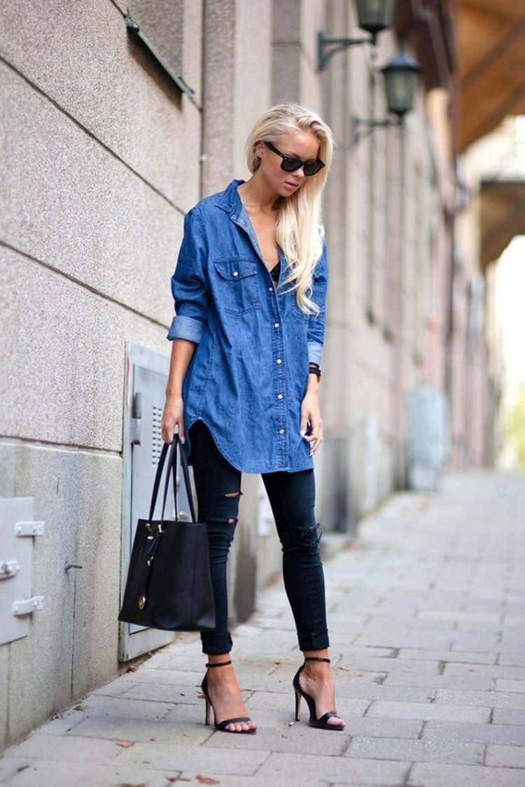Jeanshemd kombinieren dunkelblau skinny Jeans Ledertasche