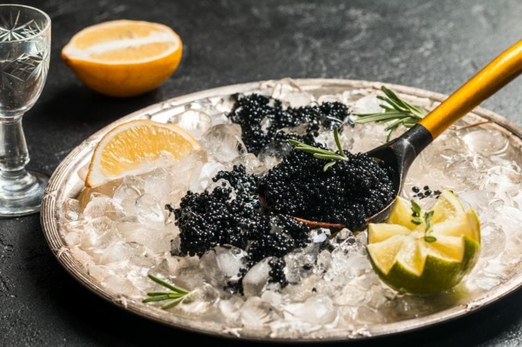Schwarzer Kaviar servieren auf Eisbett Silberbestevk Zitronen
