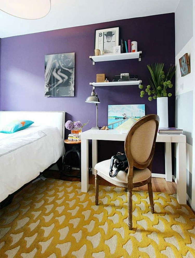 Senfgelb kombinieren Teppich Schlafzimmer lila Wand Wohnung einrichten Ideen