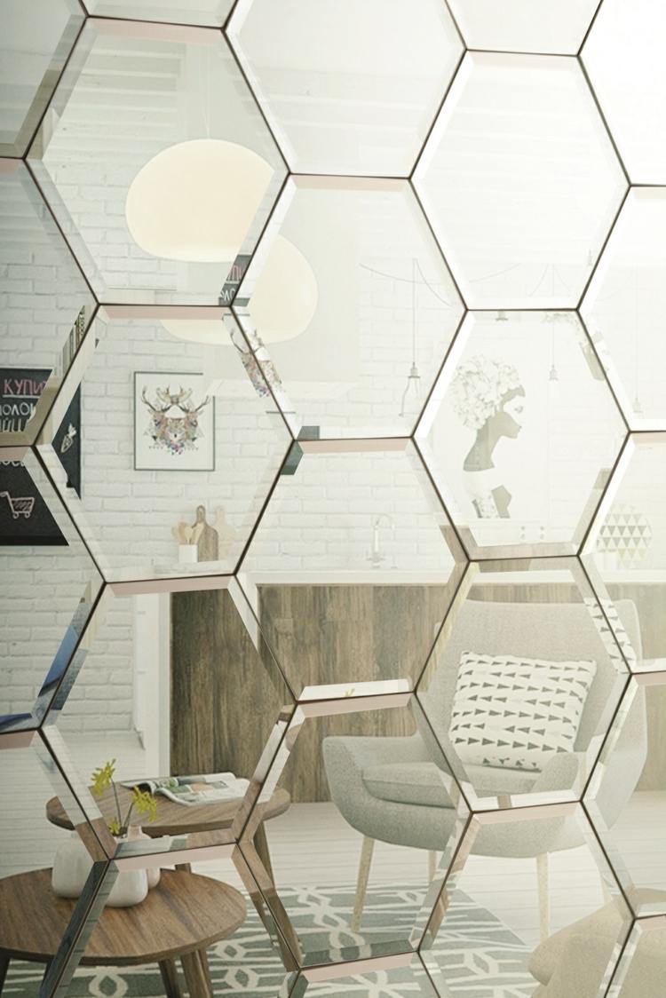 Spiegefliesen gestalten Ideen Wonung einrichten modern Holztisch Dekoideen Wohnzimmer
