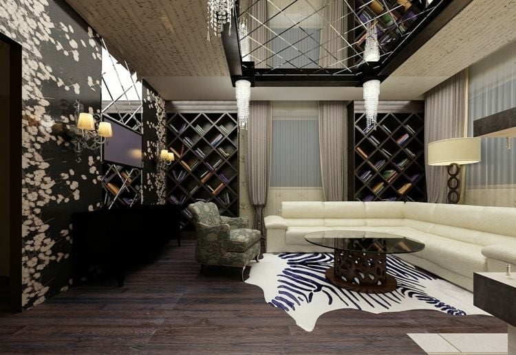 Spiegefliesen Zimmerdecke Wohnzimmer einrichten modern Teppich Zebramuster