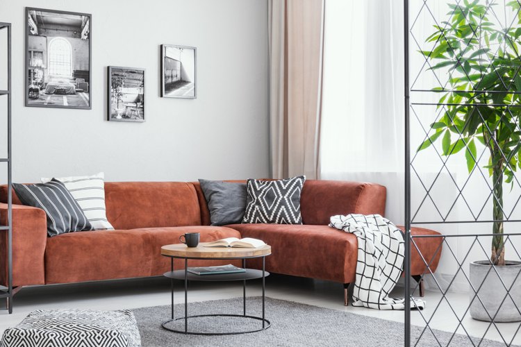 Trends 2019 Samt Sofa in Terrakotta Burnt Orange Farbe Möbel aus pulverbeschichtetem Stahl