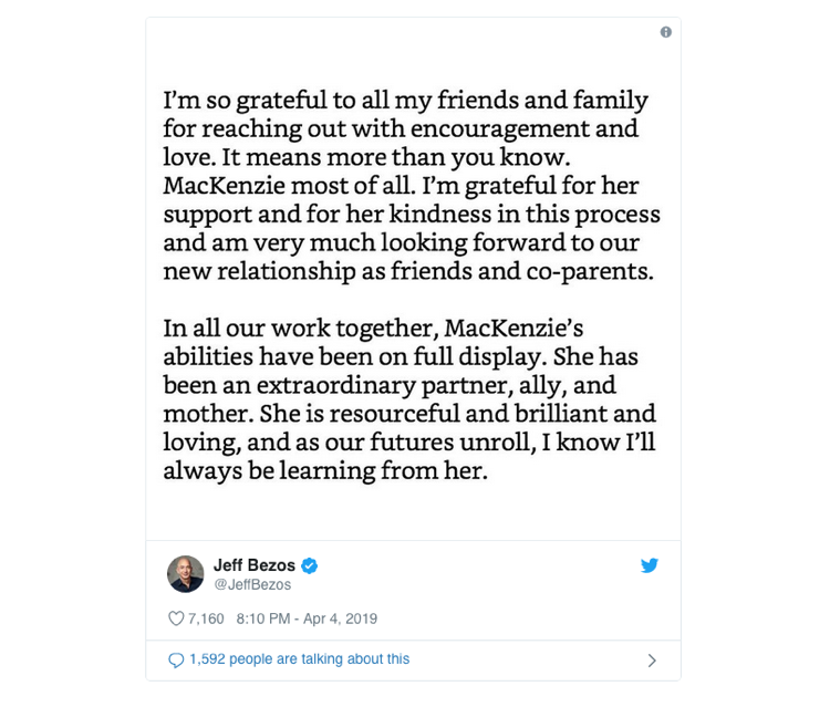 Twitter Post von Jeff Bezos über seine Scheidung mit MacKenzie