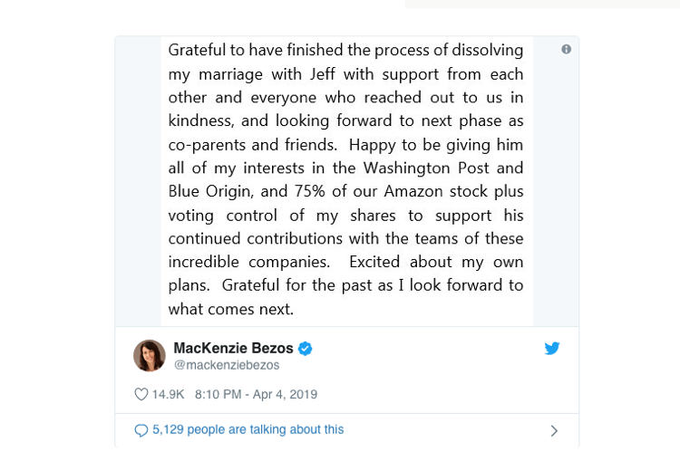 Twitter Post von MacKenzie Bezos über ihre Scheidung
