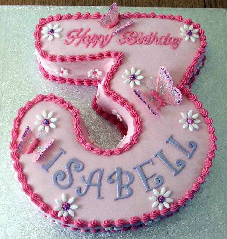 Zahlenkuchen 3 Geburtstag Mädchen Torte Dekorieren Ideen Blumen aus Fondant rosa Kuchen